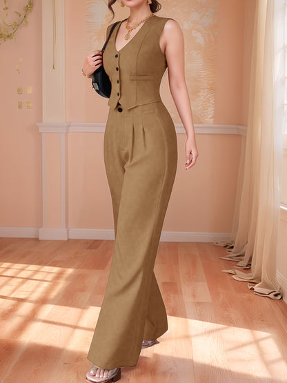 Design-Savvy Red Mini-Chic Sleeveless Suit Vest and Wide-Leg Pants Two-Piece Set