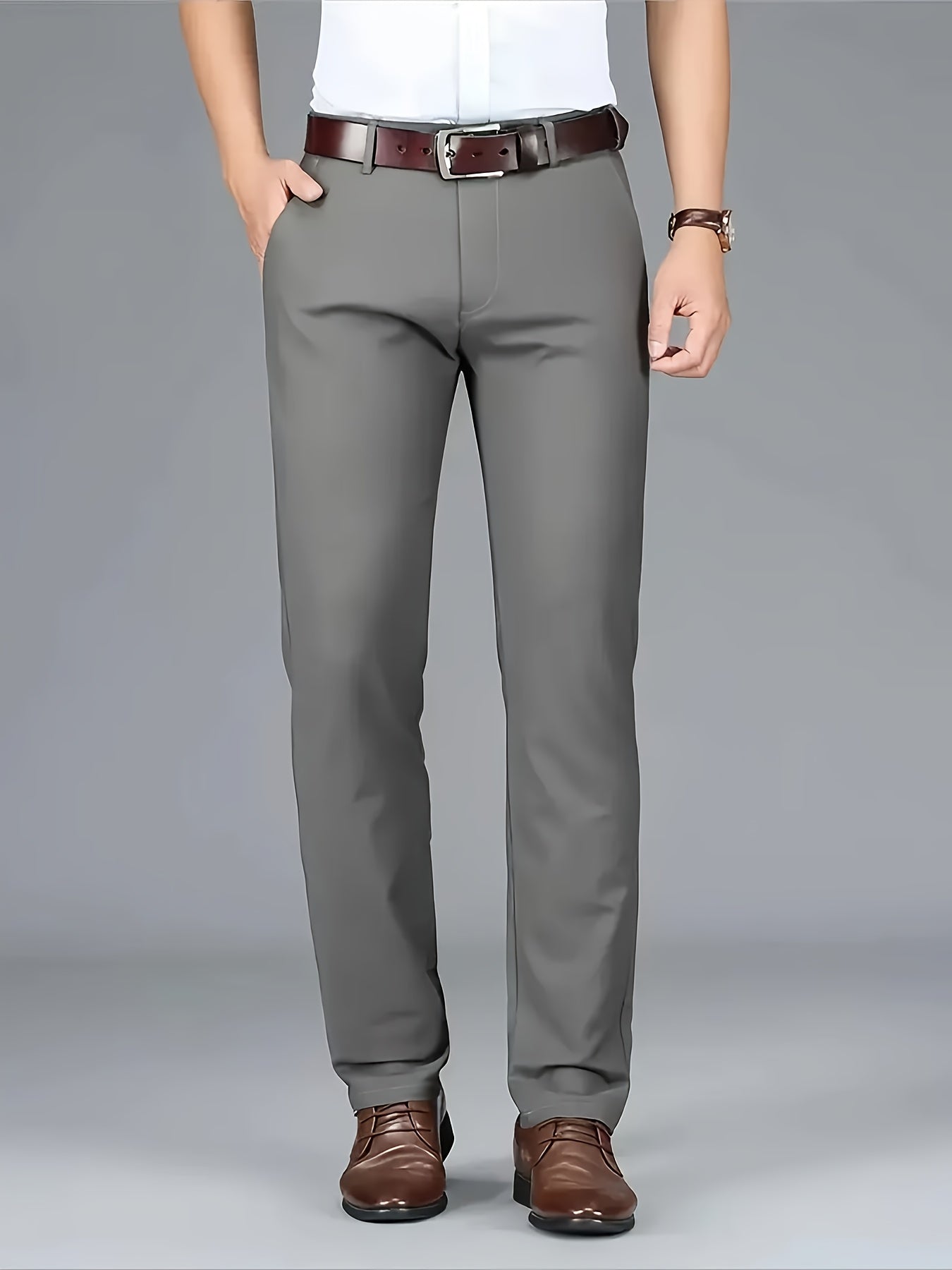 [Durable Build] Men's All-Season Casual Dress Pants - Business Style Stretch Trousers, Comfortable Classic Design, Light Brown Polyester Blend, Machine Washable, Smooth Finish, Regular Fit for Office or Leisure Wear