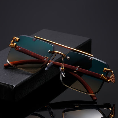 Elegant Rimless Pilot-Style Fashion Glasses for Men & Women - Golden Leopard Print with Green Gradient Lenses, Lightweight Metal Frame, Ideal for Beach Parties & Travel
