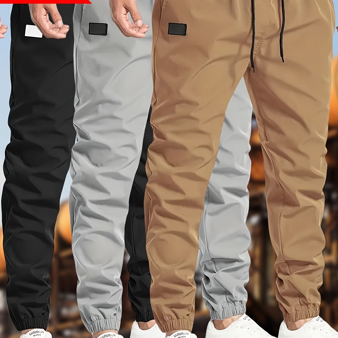 3pcs Men's Solid Color Drawstring Joggers - Casual Cargo Cropped Pants, Polyester, Machine Washable, in Black, Dark Gray, Olive Green with Patch Detail