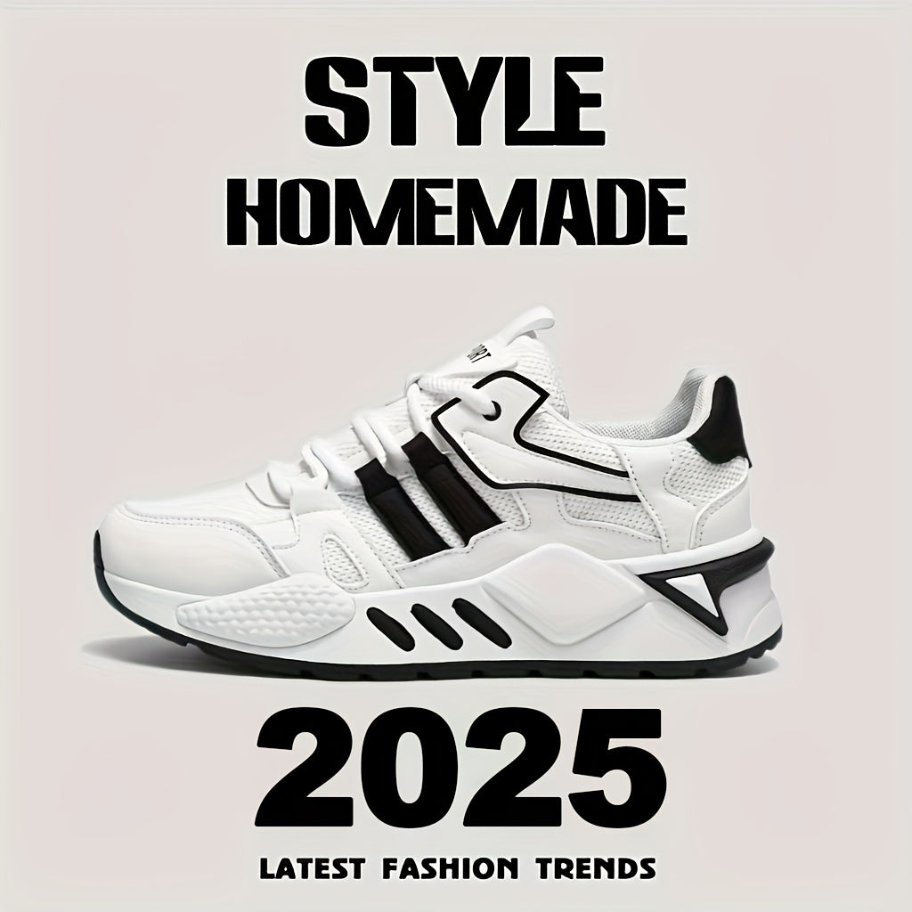 Men's Low-Top Skate Sneakers - White/Black Accent Lace-Up Shoes, Cushioned EVA Insole & Non-Slip Rubber Outsole for All-Season Urban Streetwear, Gym, Everyday - Breathable PU Upper Casual Shoes, Gym Footwear, Street Style, Du