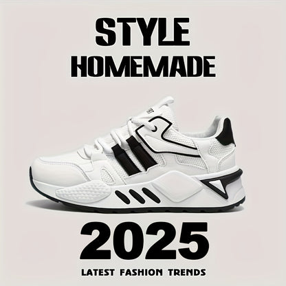 Men's Low-Top Skate Sneakers - White/Black Accent Lace-Up Shoes, Cushioned EVA Insole & Non-Slip Rubber Outsole for All-Season Urban Streetwear, Gym, Everyday - Breathable PU Upper Casual Shoes, Gym Footwear, Street Style, Du