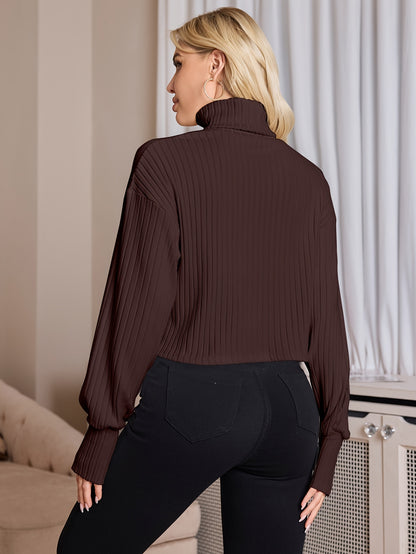 Women'S High Neck Knit Turtleneck T-Shirt, Solid Color Polyester 95% Spandex 5% Blend, Short Length, Fall/Winter Collection, 210g/m² Knit Fabric