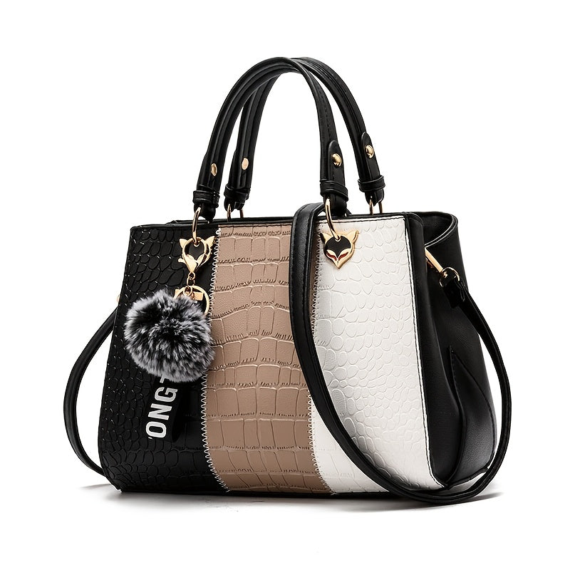 Cocogigi Elegant Women'S Crocodile Pattern Handbag with Removable Strap, Large Capacity, Black & White Design, Stylish Handbag for Mom, Friend, Or Gift, Crocodile Texture