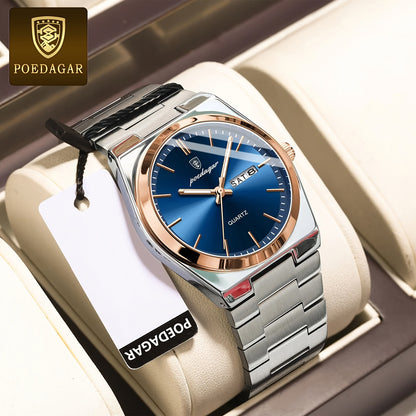POEDAGAR Luxury Quartz Men'S Wristwatch - Luminous Date & Week Display, Stainless Steel Band, Water-Resistant (IPX8), Ideal Gift for Business Professionals