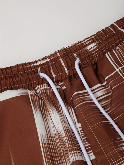 Men'S Stylish Gradient Shirt Set - Brown & White Geometric Pattern, Short Sleeve with Pocket, Loose Fit Shorts, Perfect for Beach, Camping, Fishing & Outdoor Activities, Casual Attire|Geometric Pattern Shirt|Woven Fabri