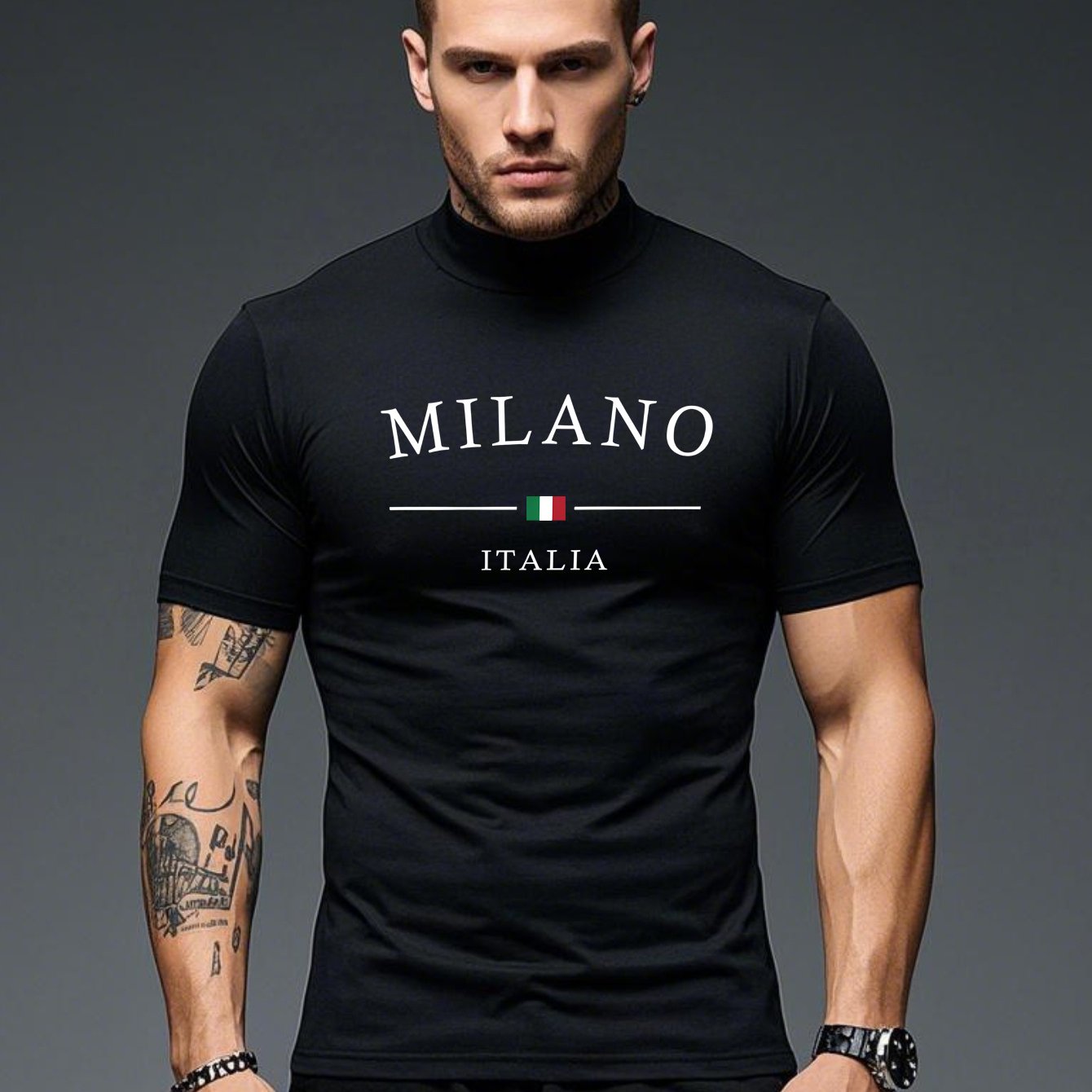 Men'S Milano Italia Print Casual T-Shirt - Half Neck, Short Sleeve, Lightweight Fabric, Spring/Summer Collection, Black with White Logo, Soft & Comfortable Fit for Casual Attir