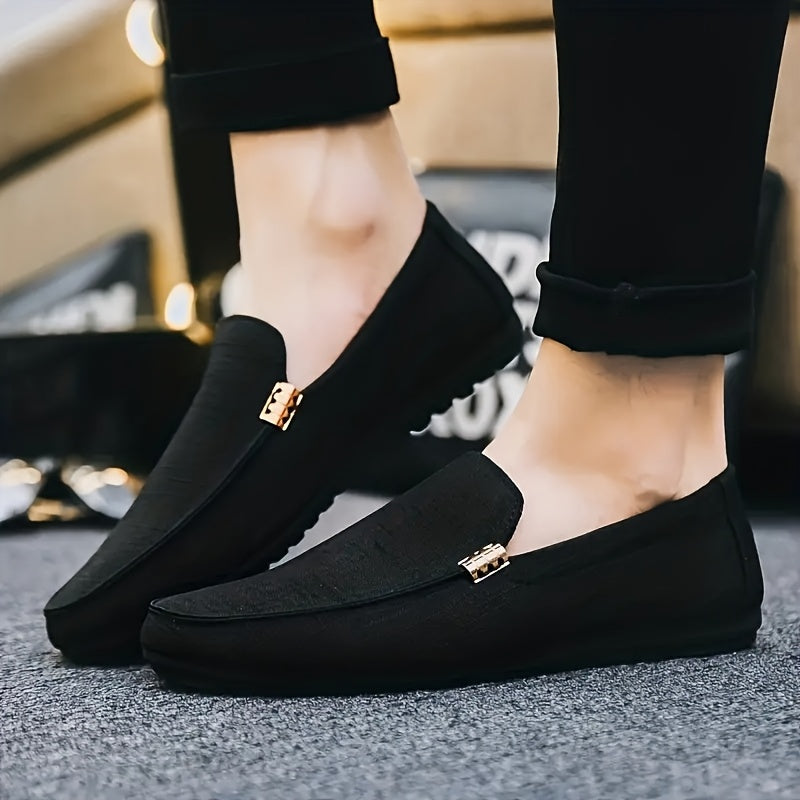 Canvas Loafers - Slip-On Shoe Style with Golden Emblem, Comfortable Non-Slip Sole, Suitable for Driving & Daily Office Use