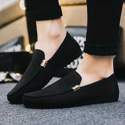 Canvas Loafers - Slip-On Shoe Style with Golden Emblem, Comfortable Non-Slip Sole, Suitable for Driving & Daily Office Use