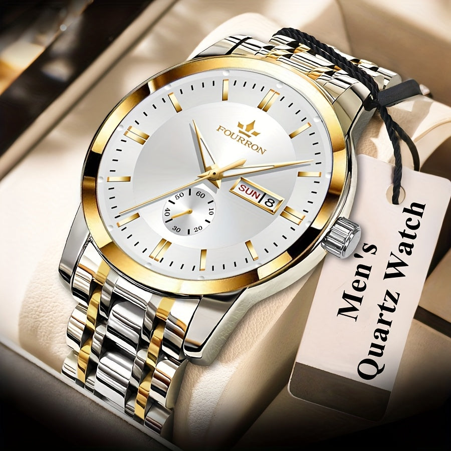 1 New Brand Men'S Luxury Automatic Quartz Watch with Stainless Steel Strap, Blue Dial, Date Display, and Luminous Hands - Waterproof, Stylish for Casual Attire, Perfect Gift for Holidays and Birthdays, Casual Wear Watch | Ele