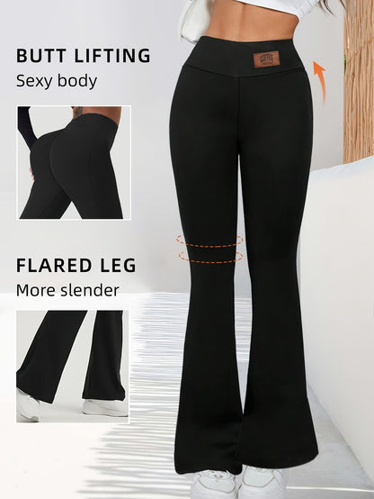 High-Waisted Flared Leggings for Women - Stretchy Black Polyester Pants with Tummy Control, Slimming Fit, and Breathable Design for Spring/Summer/Fall Casual Wear, Spring Summer Leggings | Fitted Leggings | Elastic Waistband
