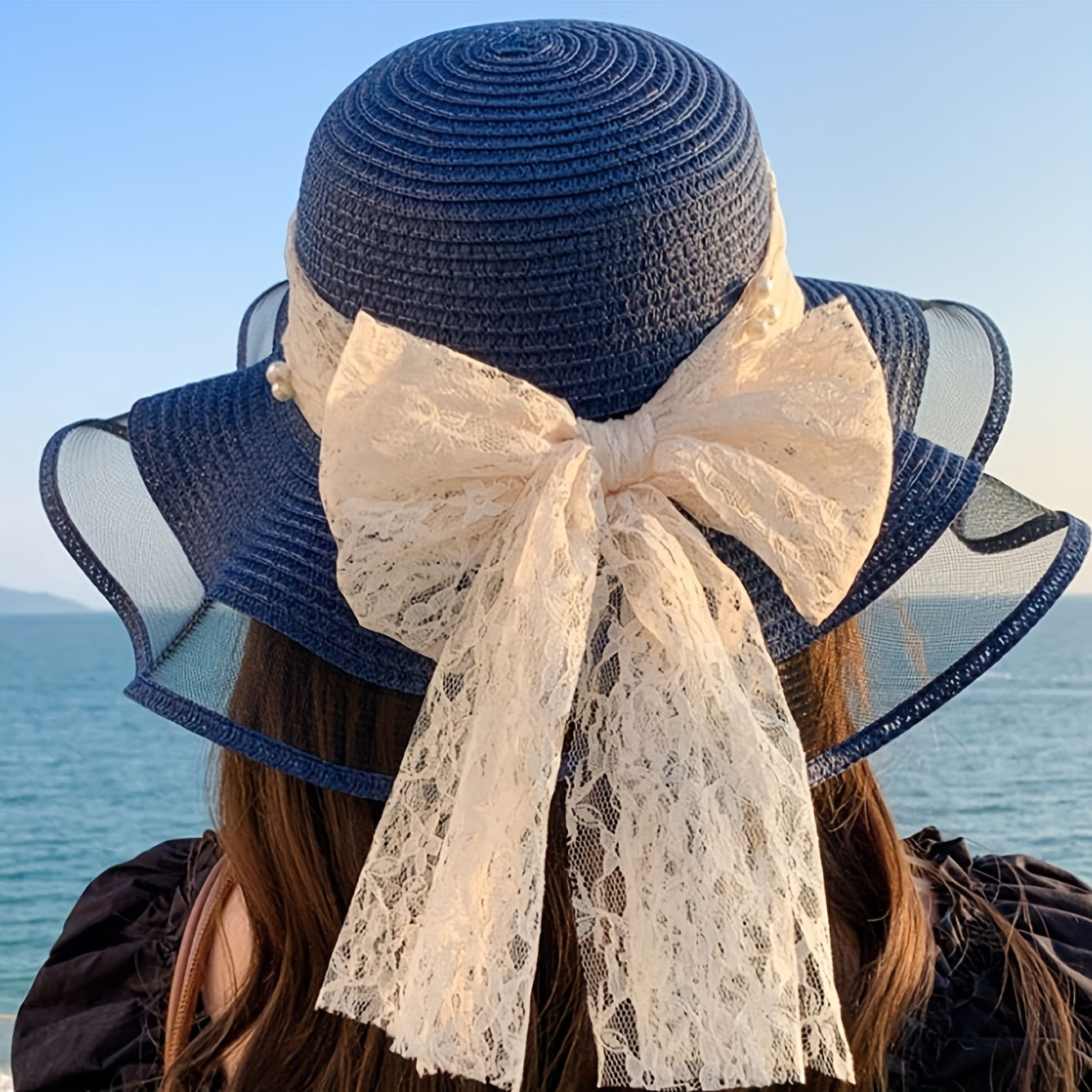 Women'S Elegant Straw Sun Hat with Lace Bow & Mesh Brim - Foldable, Breathable Beach Hat for Summer, Black Ruffled Sleeve Design, Perfect for & Stylish Outfits, Beach Accessories