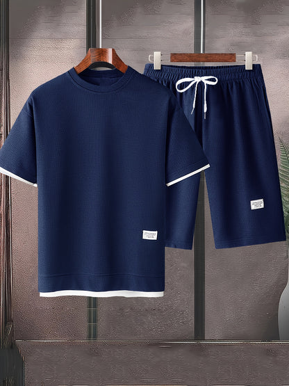 Waffle short-sleeved T-shirt Men's casual sports suit summer loose fake two-piece half-sleeve T-shirt set