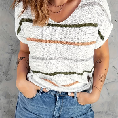 Women'S Casual Spring/Summer Striped T-Shirt - Short Sleeve Pullover with V-Neck, Side Stripes, and "LOVE" Graphic, Lightweight Knit Top for Casual Attire, Casual Wear | Graphic Tee | Knit Texture