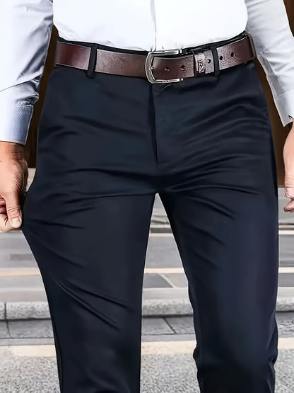 Men's Classic Business Dress Pants, Solid Color Casual Trousers, 100% Polyester, Regular Fit, with Zipper Fly, for Daily Wear and Gifting, All-Season, Allseason Trousers | Notch Lapel Design | Polyester Trousers