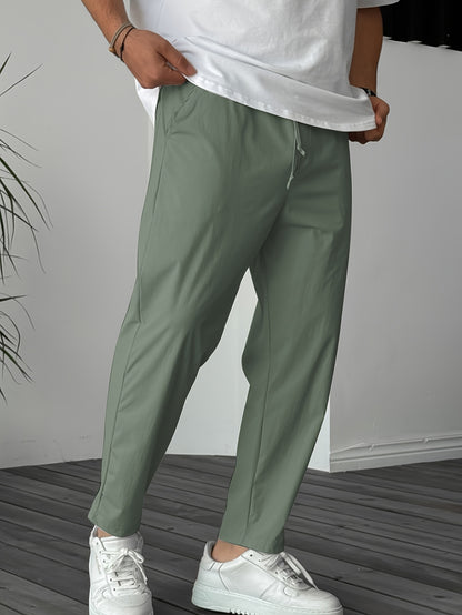 Men's Solid Pants With Pockets, Casual Drawstring Trousers For Outdoor Activities Gift