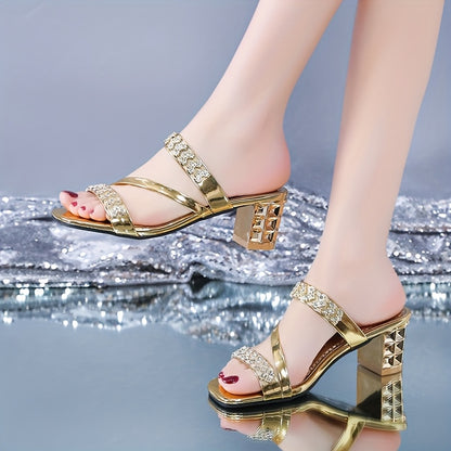 Elegant Women'S Summer Sandals - Sexy Open Toe with Glittering Square Toe, High Heel, and Rubber Sole for Outdoor Wear, Summer Footwear | Chic Sandals | Glossy Finish, Strappy Sandals
