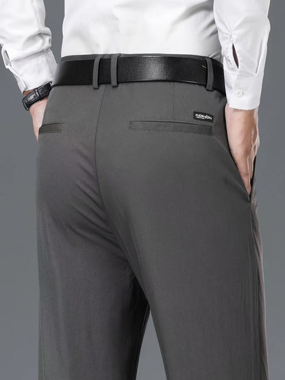 1pc Men'S Spring/Fall Light Business Casual Straight Leg Pants, 100% Polyester, Solid Color, Slight Stretch, Mid Waist, Regular Fit, Zipper Fly, Woven, No Lining - Versatile for Work and Casual Occasions