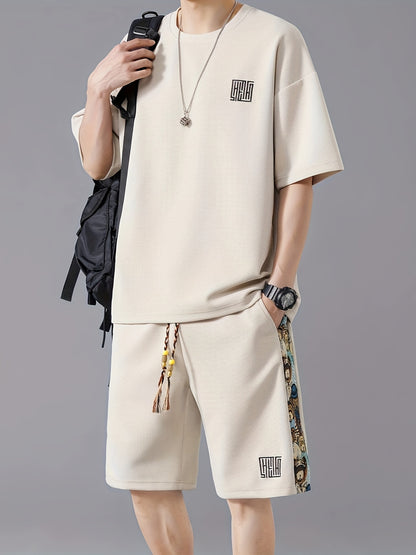 Men's Summer Casual Fashion Set: Embroidered Loose-Fit T-Shirt & Shorts - Breathable Polyester Blend, Non-Stretch Fabric, Pineapple, Sports Set