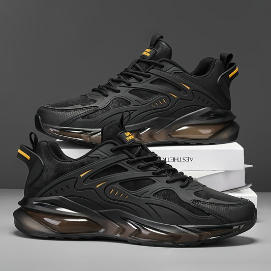Men's Casual Sneakers - Breathable Low-Top Lace-Up Design, Durable PU Upper & Cushioned PVC Sole for All-Season Comfort - Black with Yellow Accents - Ideal for Running, Hiking, Daily Wear, Hiking Footwear, Stylish Contrast Ac