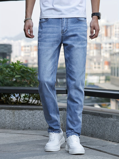 Men's Solid Skinny Cotton Blend Denim Jeans, All Seasons Wearable Medium Stretch Washed Jeans, Suitable For Daily And Outing Wear