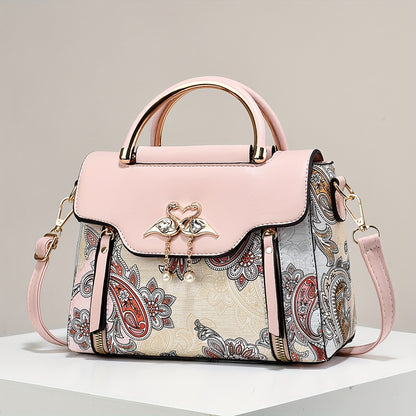 Elegant Floral Print Women'S Handbag - Lightweight Synthetic Tote with Golden-Tone Hardware, Removable Shoulder Strap, and Magnetic Closure, Perfect for Everyday Use, Versatile Tote Bag | Floral Print Bag | Synthetic Bag