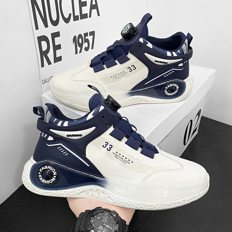 [Athletic Performance] Men's Breathable Casual Sneakers - Stylish Loafers with Rotating Buckle, Navy Blue & White Design, Comfortable PU Upper & PVC Sole for Casual Attire, Running, and Outdoor Activities