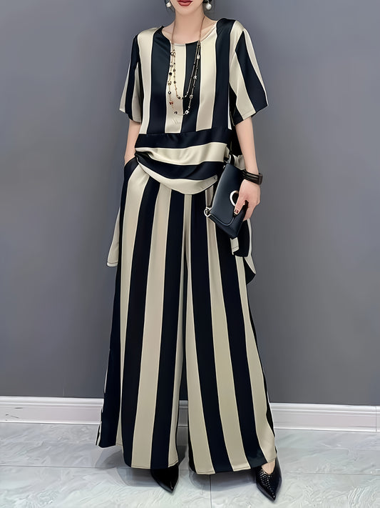 Artistic Irregular Stripe Loose Round Neck Pullover Top with Flared Pants Women's Set