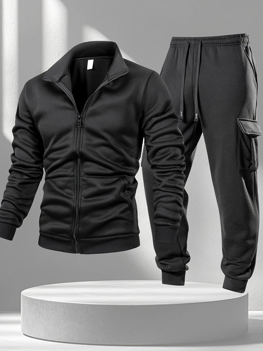 2pcs Men's Fashion Casual Sports Suit Small Stand-up Collar Zipper Jacket and Sports Pants Suit Spring and Autumn Warm Fleece Long Sleeve Jacket and Long Pants Suit Vintage Street Sports Style Men's Suit