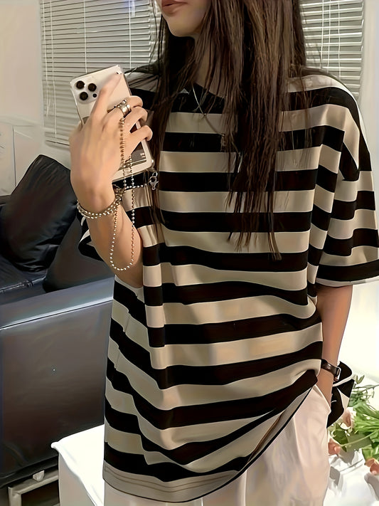 Women'S Classic Black & White Striped T-Shirt - Casual Summer Short Sleeve, Ultra-Loose Fit with Round Neckline, Machine Washable Polyester Blend, Allseason Top|Relaxed Fit Top|Stretchable Fabric