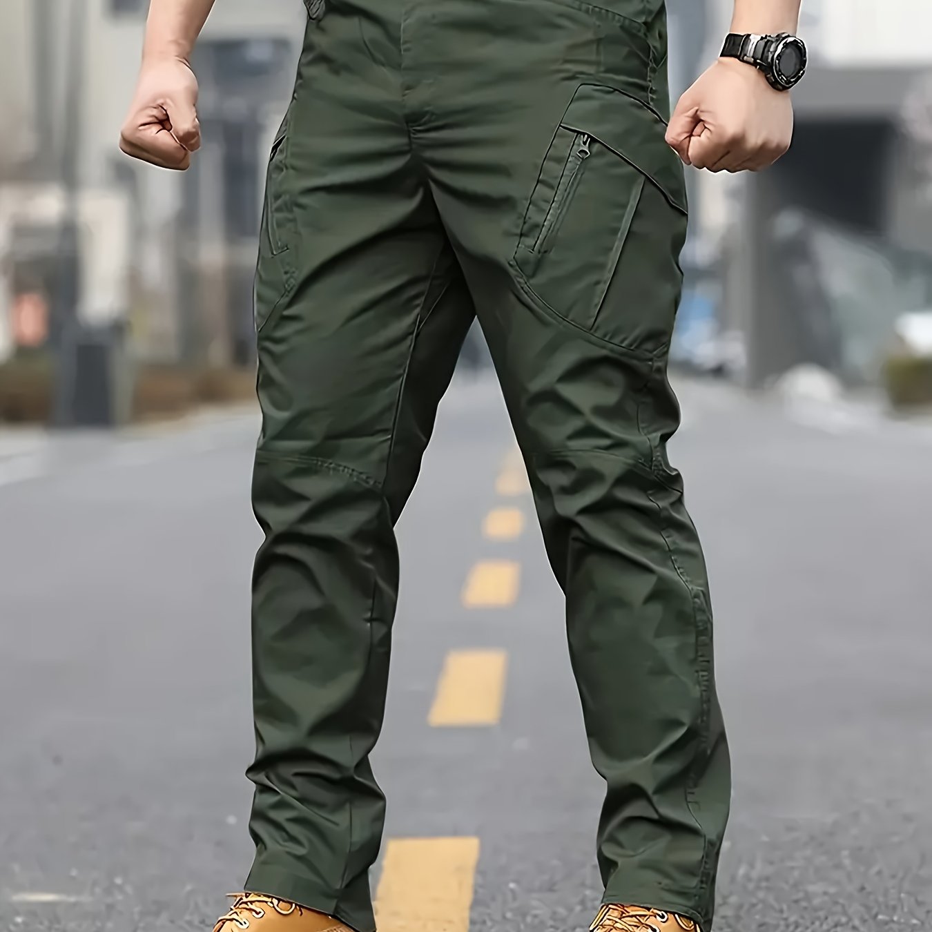 Men's Olive Green Tactical Cargo Pants - Durable Polyester, Multi-Pocket Design for Hiking & Outdoor Adventures, Machine Washable, Camping Gear