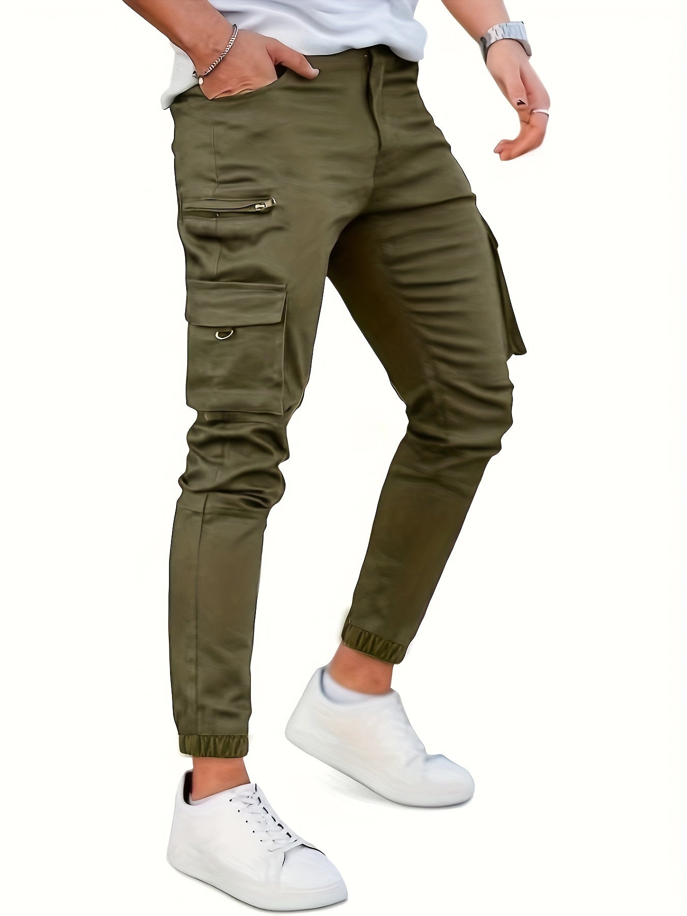Men's Solid Color Multi-pocket Cargo Pants With Drawstrings, Casual Stylish Sports Trousers As Gift