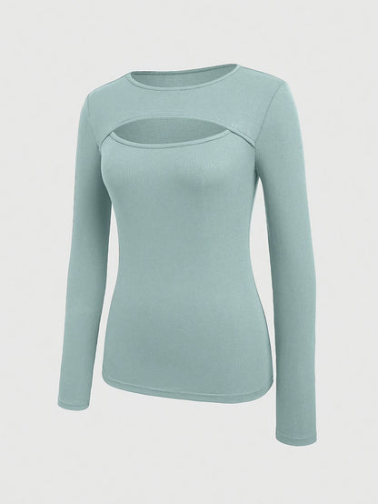 1pc Essence Women'S Elegant Ribbed Long Sleeve T-Shirt, Polyester and Spandex Blend, Hollow-Out Detail, Solid Color, Crew Neck, Regular Length, Knitted Fabric - Autumn/Winter Collection