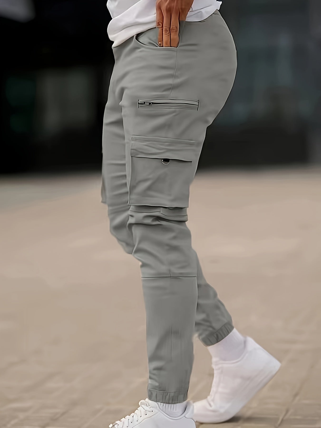 Men's Solid Color Multi-pocket Cargo Pants With Drawstrings, Casual Stylish Sports Trousers As Gift