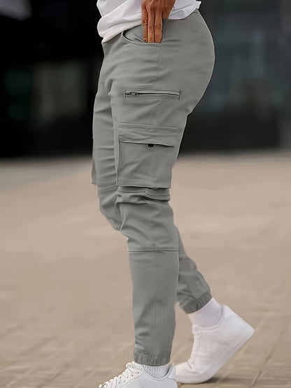 Men's Solid Color Multi-pocket Cargo Pants With Drawstrings, Casual Stylish Sports Trousers As Gift