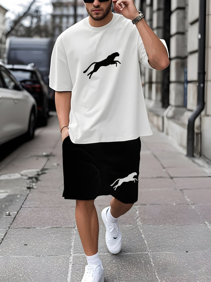 Leopard Print 3D Printed Men's Casual Sportswear Set - Breathable Polyester Knit Fabric, Crew Neck Short Sleeve T-Shirt and Shorts Combo, Regular Fit for All Seasons