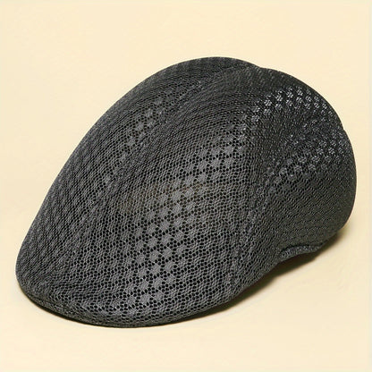 Lightweight Breathable Mesh Beret Hat - Adjustable, Solid Black, Funky Style Polyester Painter Cap for Outdoor Activities