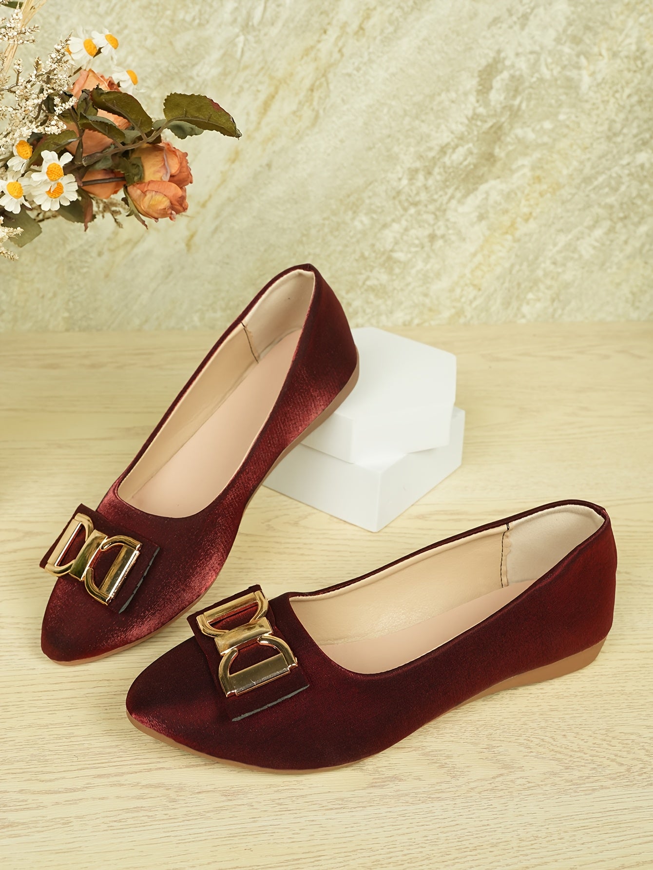 Women's Elegant Red Slip-On Flats with Golden Double Buckle Design - Comfortable Faux Cover Shoes for All Seasons, Pointed Toe Rubber Sole, Perfect for Casual or Dressy Occasions, Dressy Flats | Buckle Embellished Shoes | Lux
