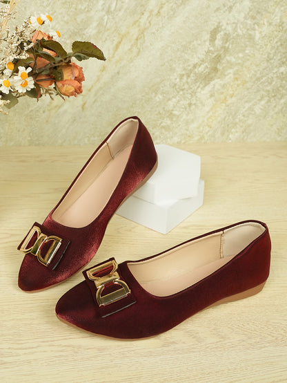 Women's Elegant Red Slip-On Flats with Golden Double Buckle Design - Comfortable Faux Cover Shoes for All Seasons, Pointed Toe Rubber Sole, Perfect for Casual or Dressy Occasions, Dressy Flats | Buckle Embellished Shoes | Lux