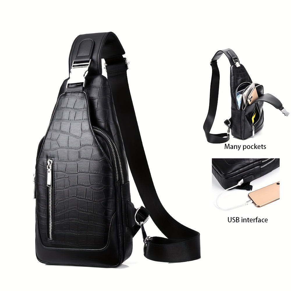 HUABUPS Men'S Black Crossbody Bag with USB Charging Port, Adjustable Strap & Multiple Compartments - Durable Business Travel Sling Bag for Daily Commute, Work, and Travel, Travel Backpack, Work Essentials Carrier, Textured Fi