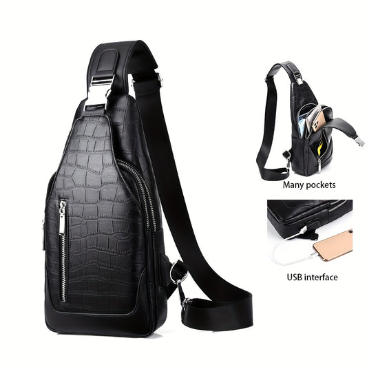 HUABUPS Men'S Black Crossbody Bag with USB Charging Port, Adjustable Strap & Multiple Compartments - Durable Business Travel Sling Bag for Daily Commute, Work, and Travel, Travel Backpack, Work Essentials Carrier, Textured Fi