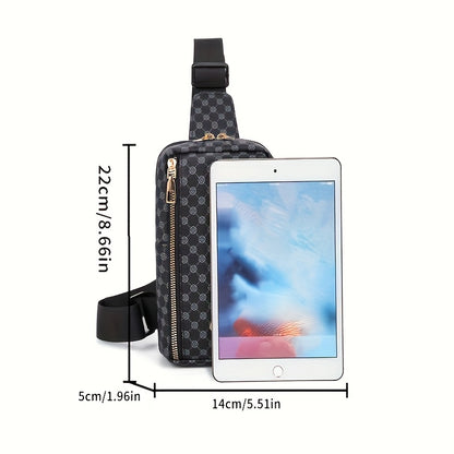 Men'S Classic Black PU Crossbody Bag with Geometric Pattern, Key Holder, Zipper Closure, Polyester Lining, Urban Style, Commuter Bag|Geometric Pattern Bag|Zippered Closure Bag