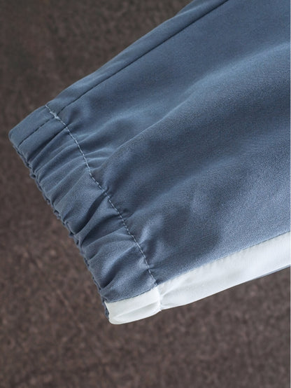Men's Casual Athletic Hoodie and Pants Set - Color Block Design, Polyester, Machine Washable, Spring/Fall Sportswear, Blue & White Two-Piece Outfit, Everyday Activewear|Modern Athletic Look|Polyester Sportswear