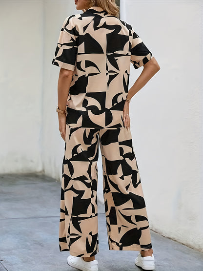 Geometric print button- short-sleeved shirt and wide-leg pants, a new set of elegant shirts for spring and summer