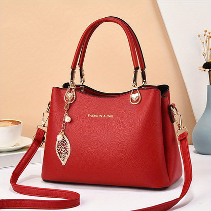 Elegant Wo 's Handbag with Detachable Shoulder Strap, Golden-Tone Hardware & Chic Leaf Charm - Stylish White Satchel for Everyday Use, Casual Chic Bag | Stylish Charm Handbag | Bag