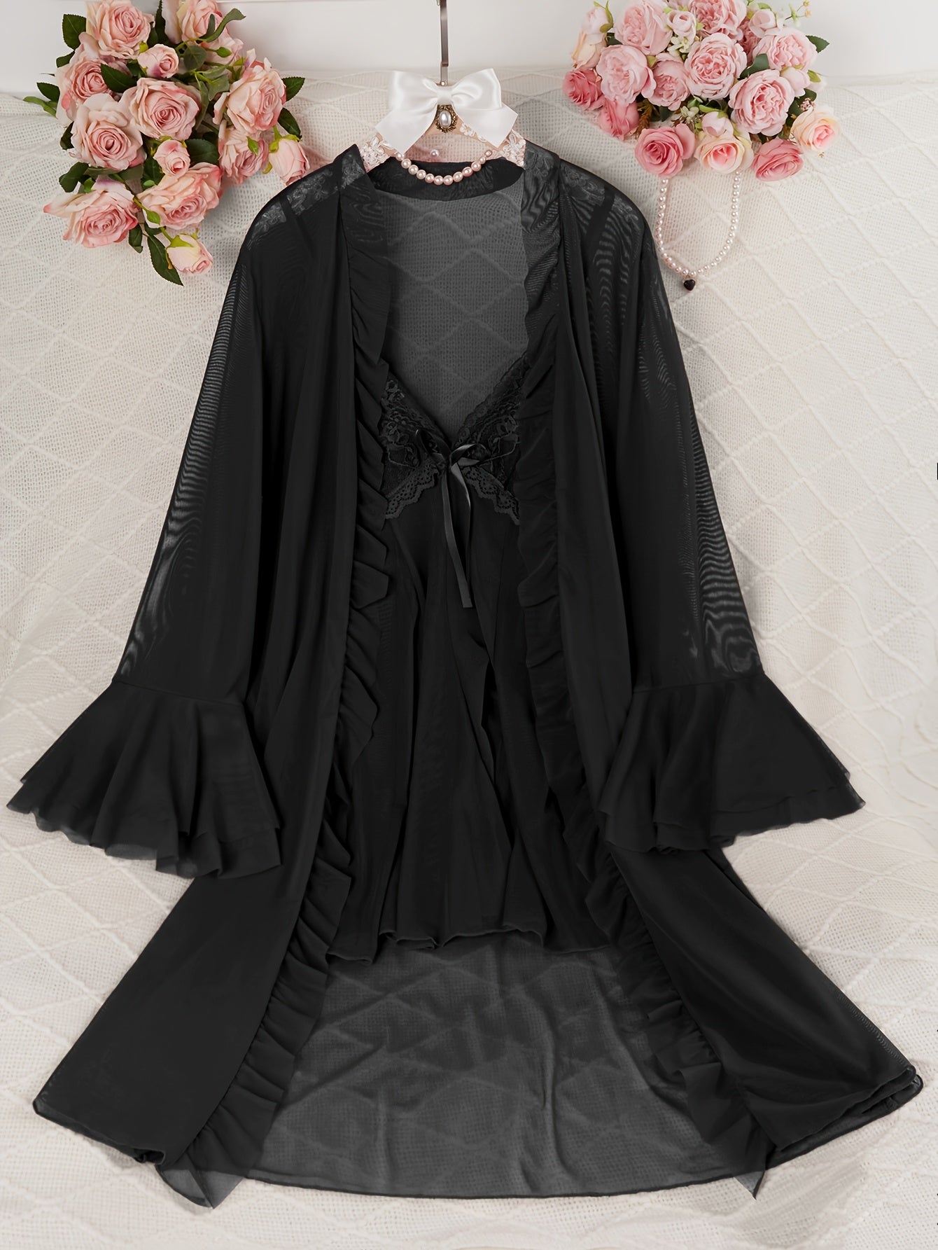 Sexy Mesh Semi-Sheer Strap+Cute Ruffle Long Sleeve Lightweight Mesh Outerwear Pajama Set