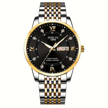 1pc Men'S Business Style Roman Dial Quartz Watch with Luminous Date and Day Display, Stainless Steel Alloy Strap, IPX7 Waterproof, Battery Operated, Elegant Fashion Accessory + Box