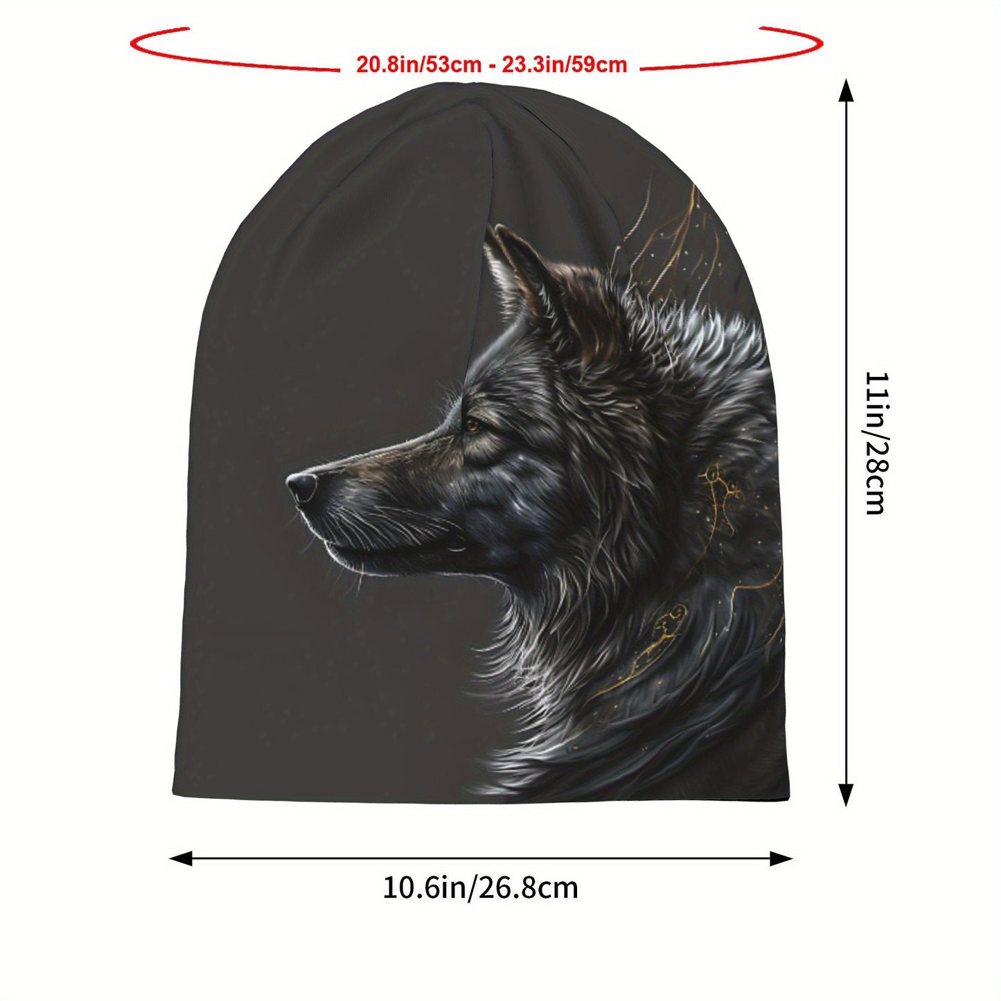 Night Moon Wolf Realistic Wolf Head Design Skull Cap Beanie Hat - Black Unisex Hip Hop Fashionable Winter Hat for Men & Women, Cold Weather Accessory, Stylish Headwear, Highquality Print