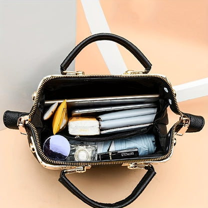 Black Quilted Boston Bag with Golden-Tone Hardware & Adjustable Strap - Elegant Heart Rhinestone Charm, Pattern, and Stylish Stud Details for Wo