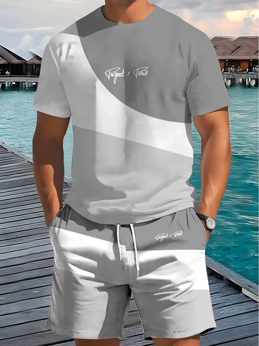 1 Set of 2pcs 3D Letter Print Fashion Tri-Color Men's Summer Fresh T-Shirt and Shorts Set, Slightly Stretchy Polyester Knit Fabric, Regular Fit, Suitable for Outdoor Activities and Family Gatherings